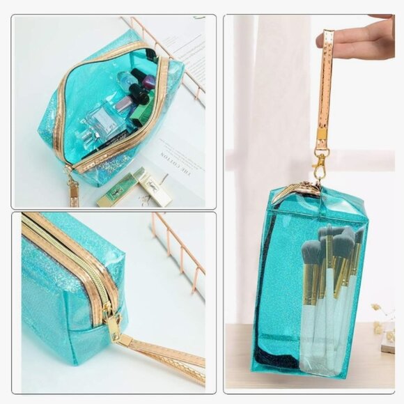 Glitter Translucent Cosmetic Makeup Bag Zippered Travel Toiletry Wristlet - Picture 4 of 7